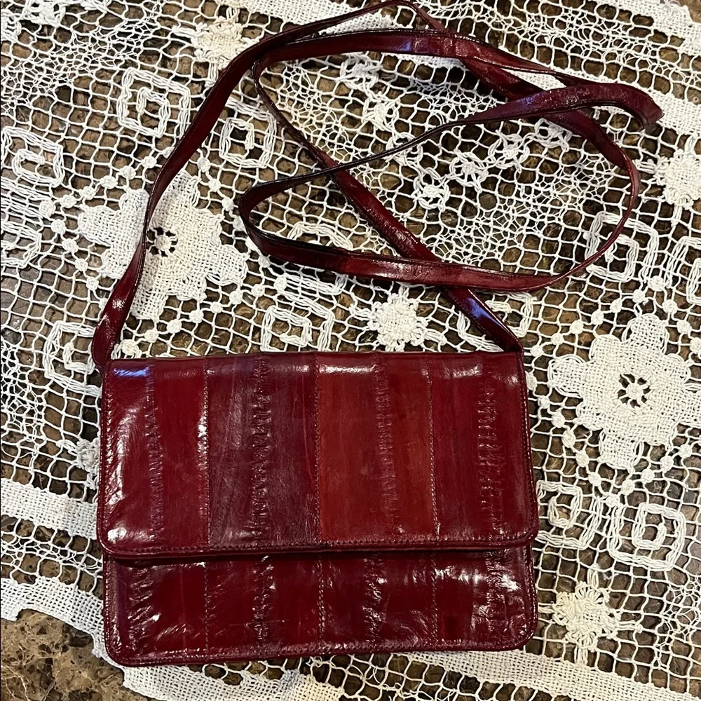 VTG Genuine Eel Skin SM Bordeaux Purse Convertible Crossbody Clutch Shoulder Bag